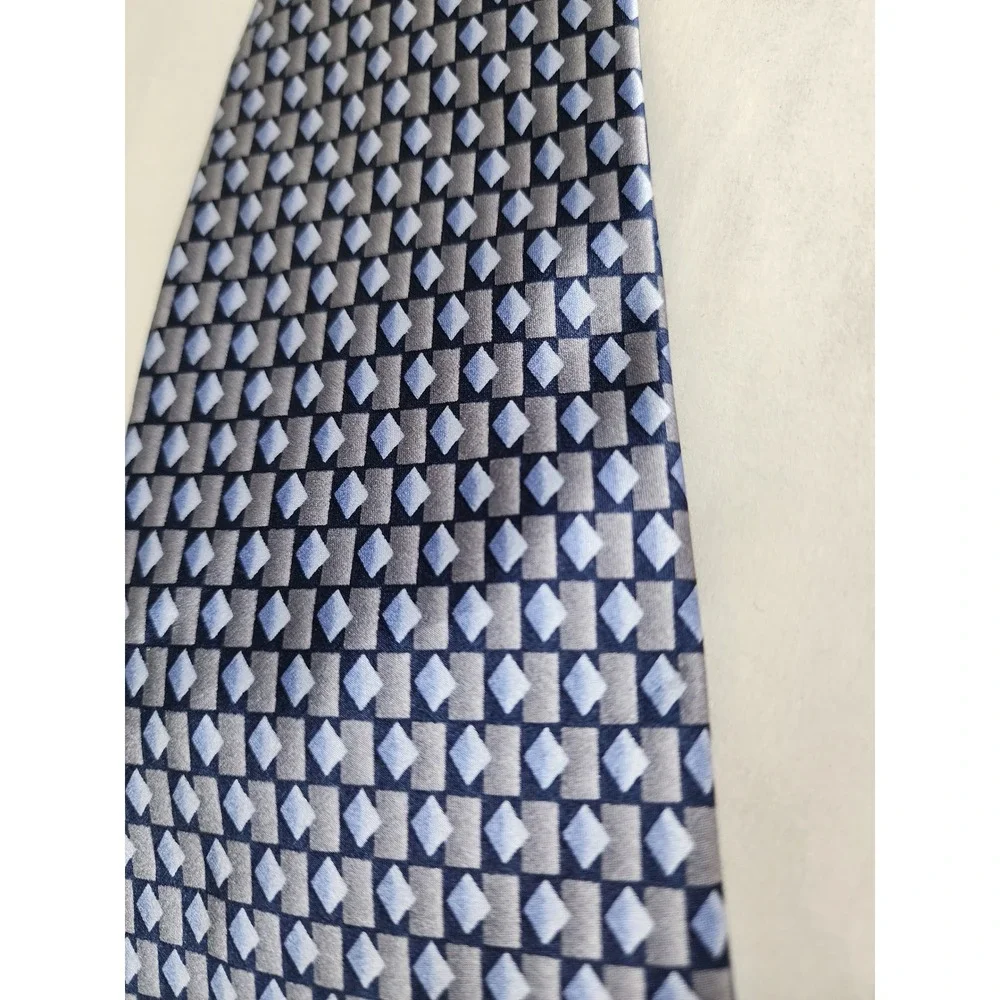 Stonehenge Mens Blue Grey Geometric Diamond Pattern 100% Silk Handmade Necktie